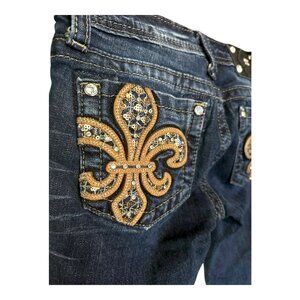 NWOT Miss Me Girls Dark Wash Fleur de Lis Sequin Pocket Flare Stretch Denim Jean